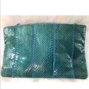 Vintage 80s Aqua Snakeskin Clutch Purse